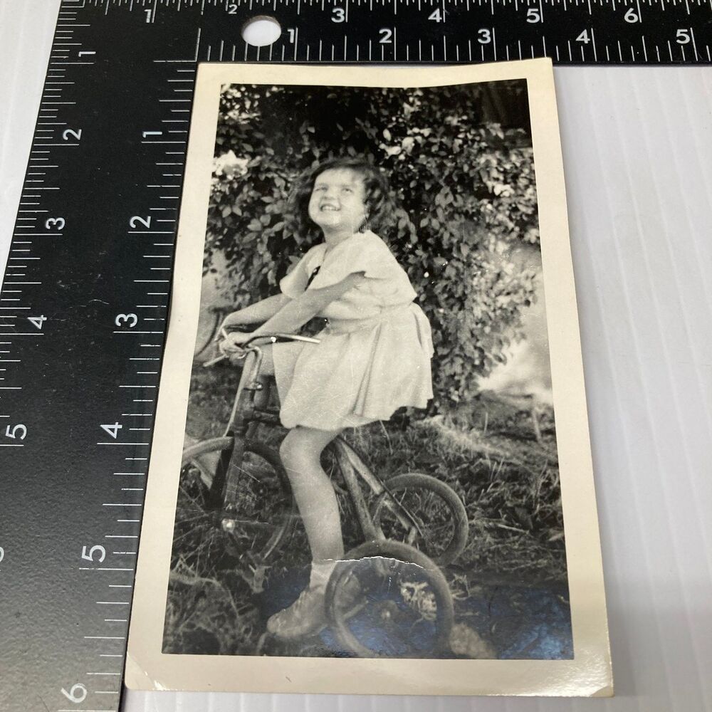 Young Girl Tricycle 1940s 1950s Snapshot Photograph Candid Vintage